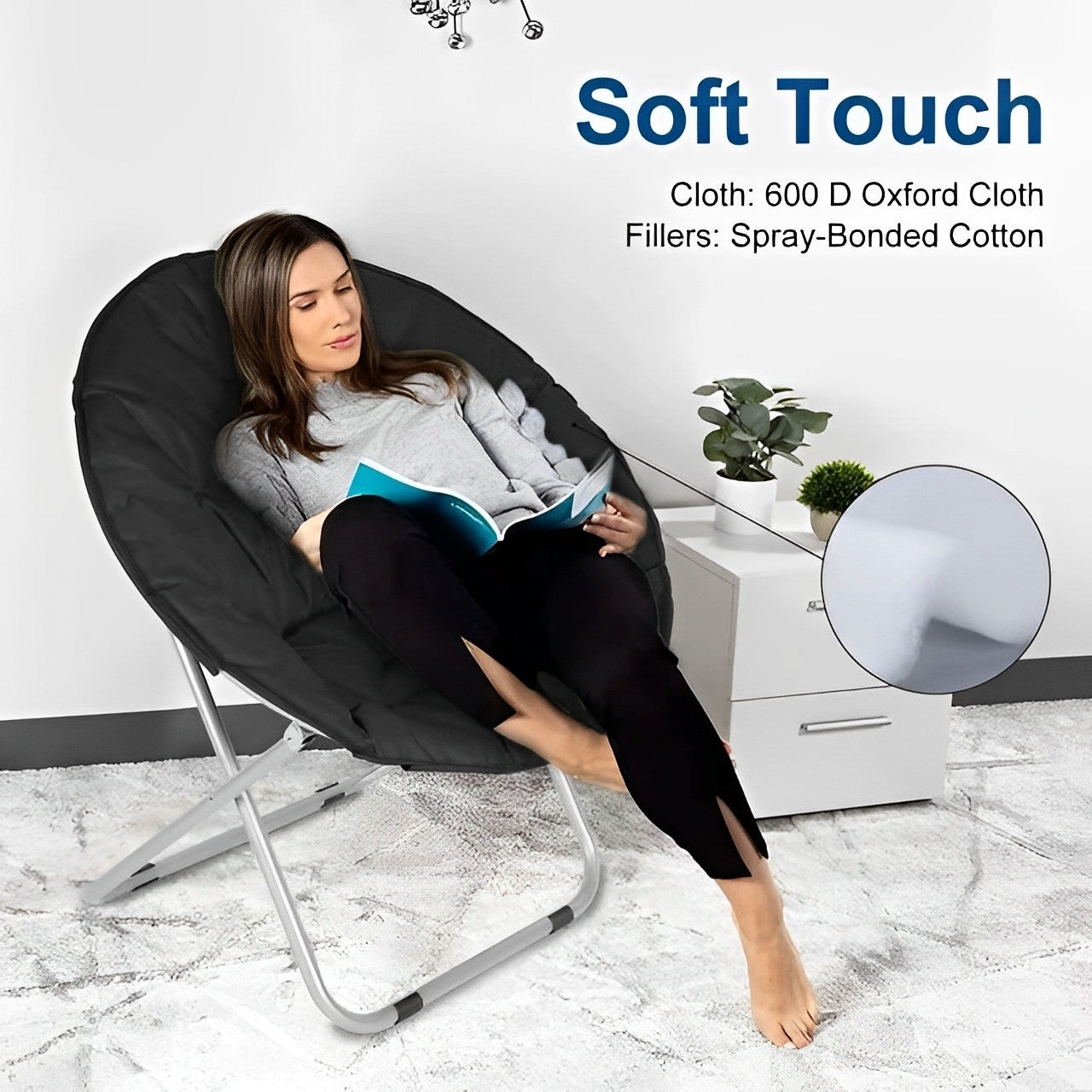 30 inch Folding Cozy Chair Saucer Chair Moon Chair, Black