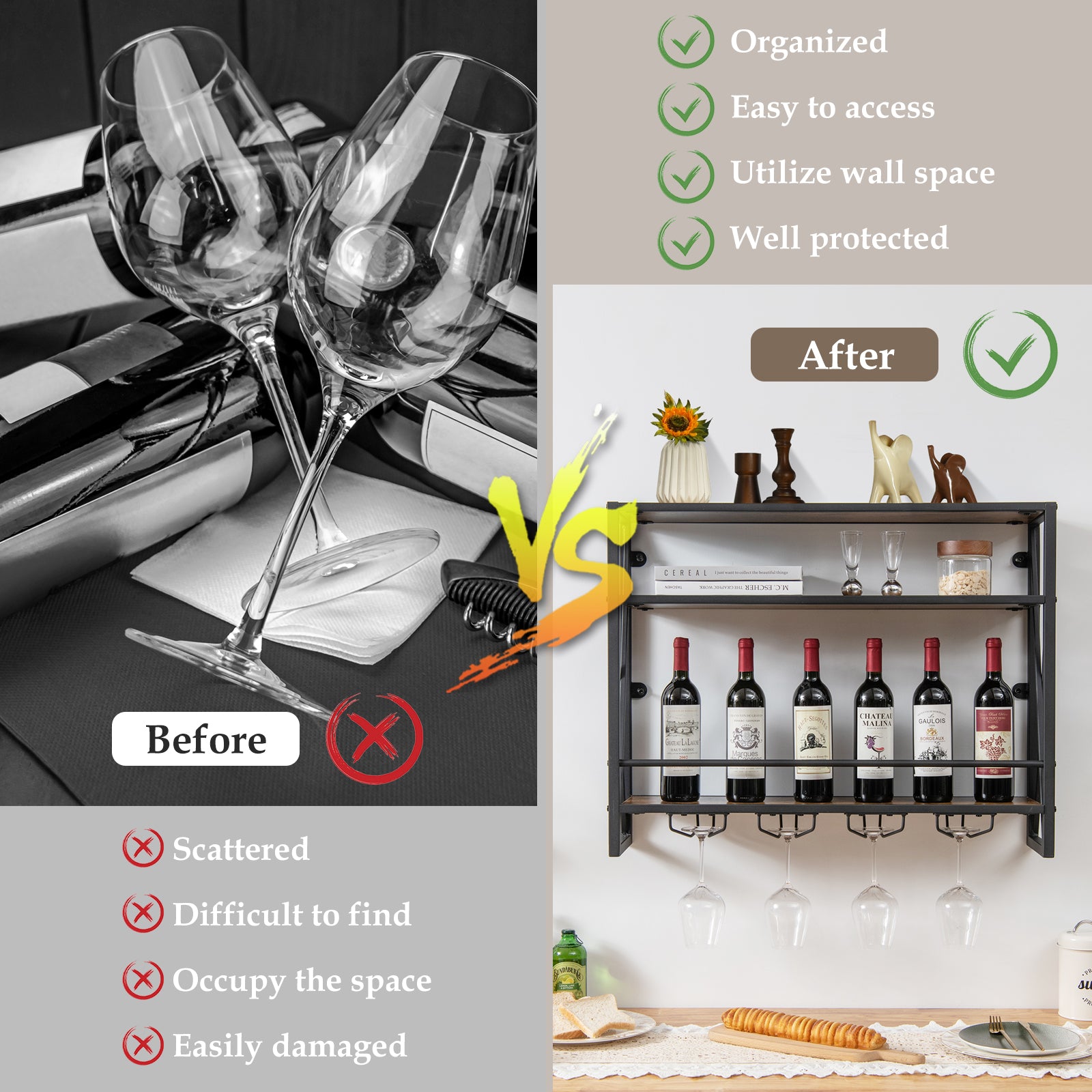 3-Tiers Industrial Wall Mounted Wine Rack with Glass Holder and Metal Frame
