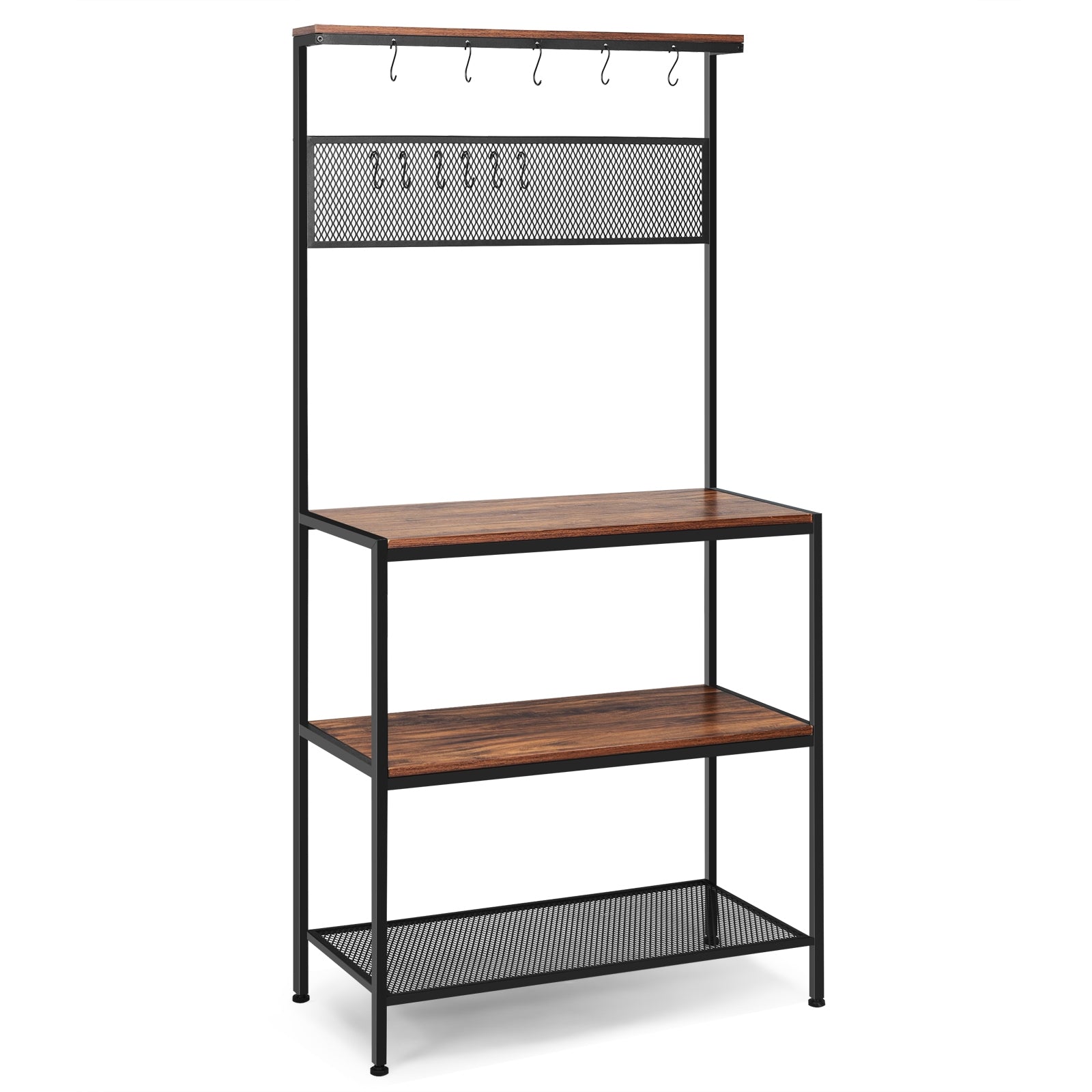 4-Tier Bakers Rack Kitchen Rack Stand with Hooks and Mesh Panel