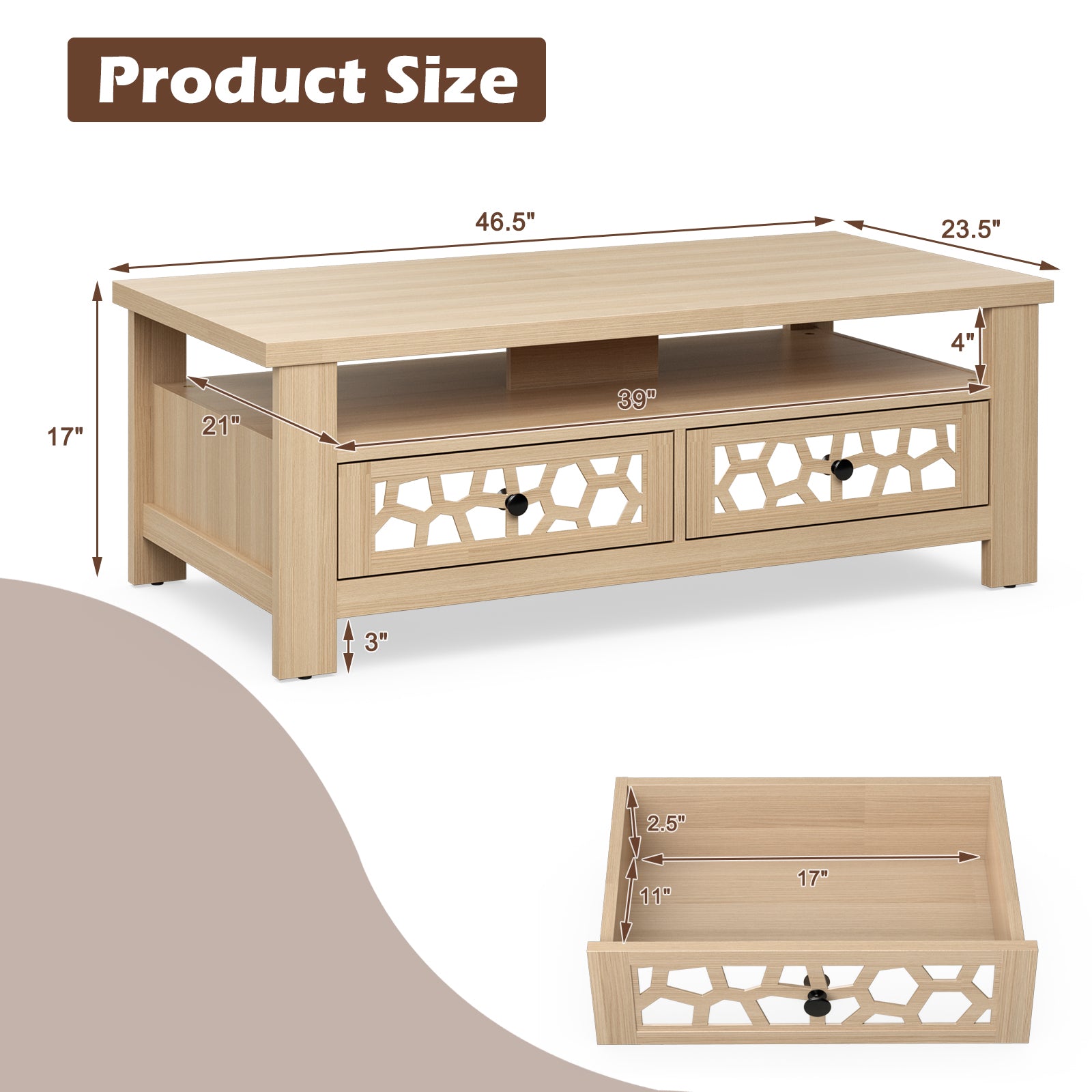 3-tier Coffee Table with 2 Drawers