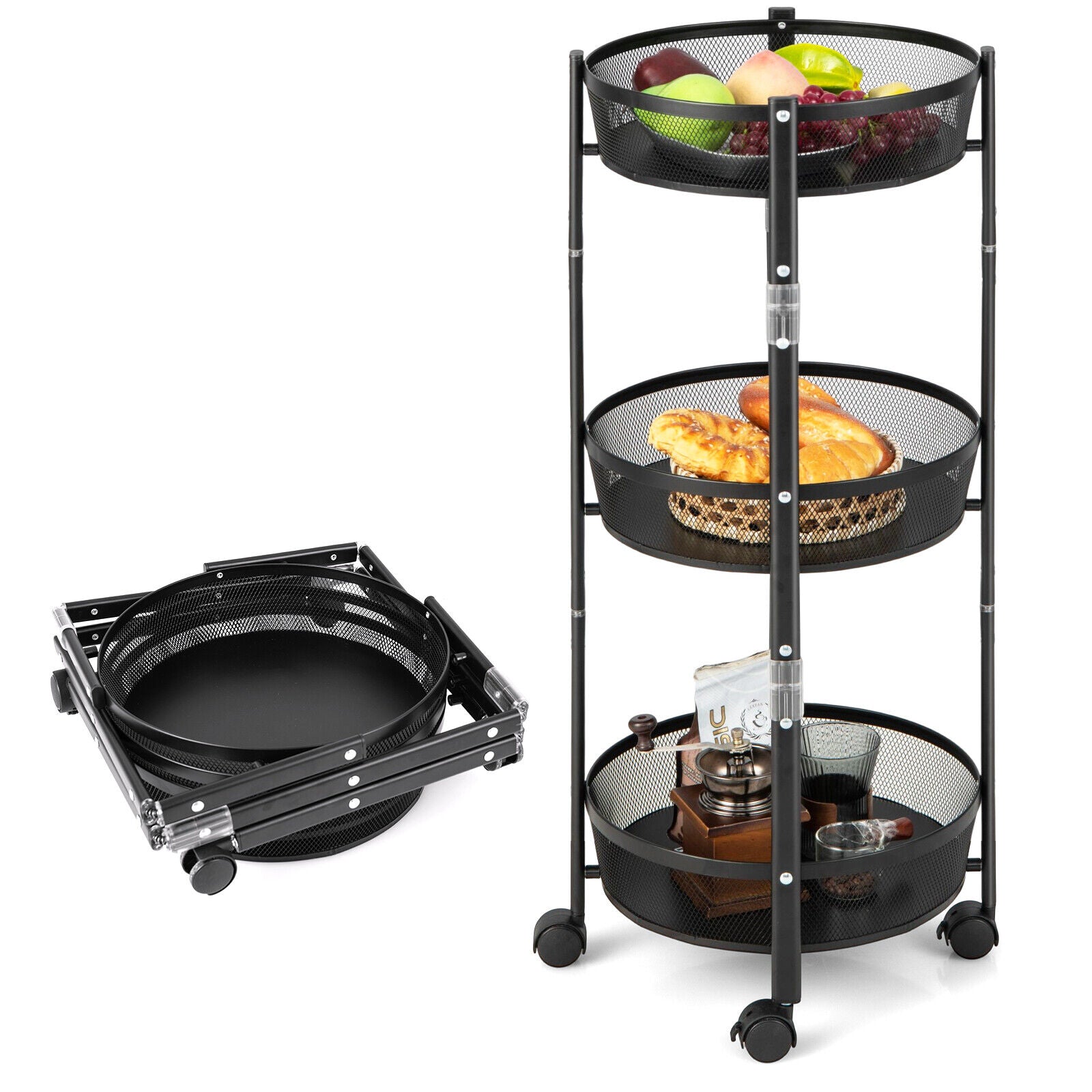 Round 3-Tier Rotating 1-Second folding Storage Rack Metal