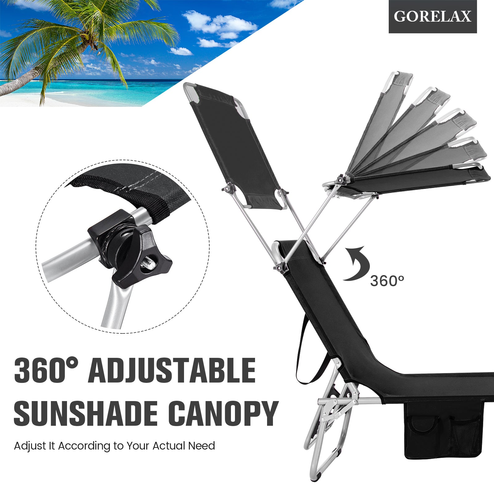 Black 5-Position Adjustable Outdoor Recliner Chair with Canopy Shade